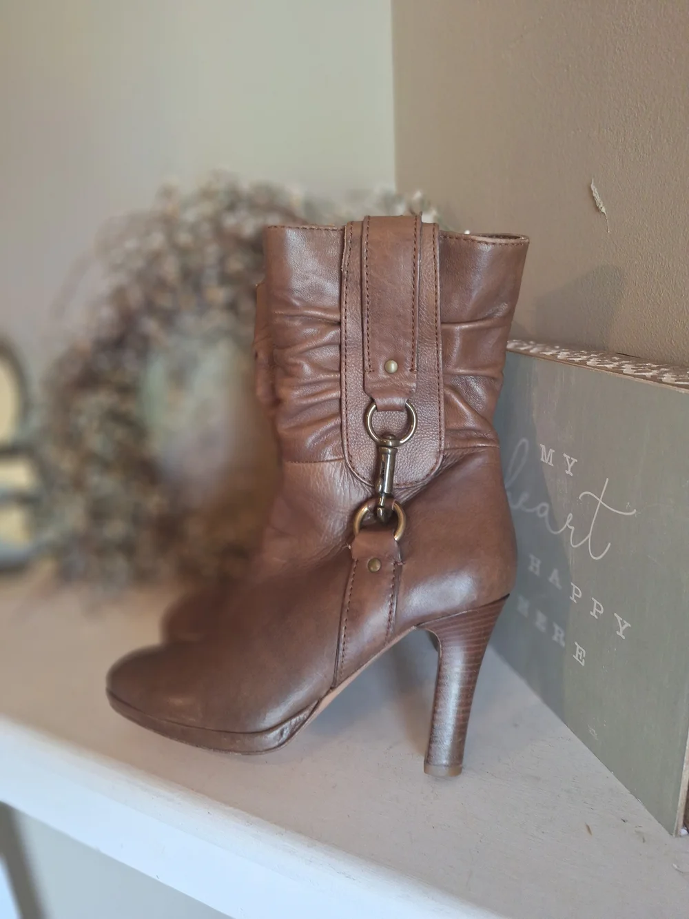 Coach Tan Leather Mid-Calf Heeled Boots with Buckle Detail 6.5